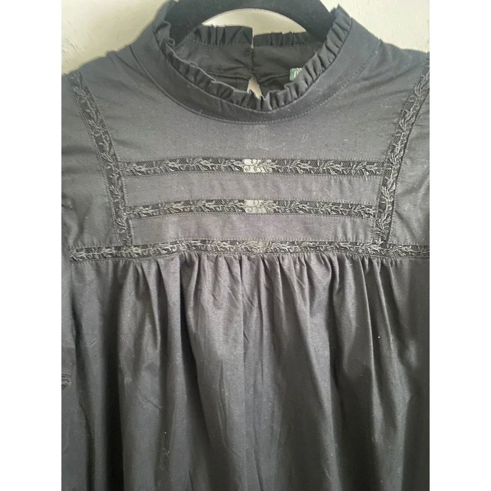 Womens Black Lace Ruffle Mock Neck Flutter Sleeve Mini Dress XS‎ New